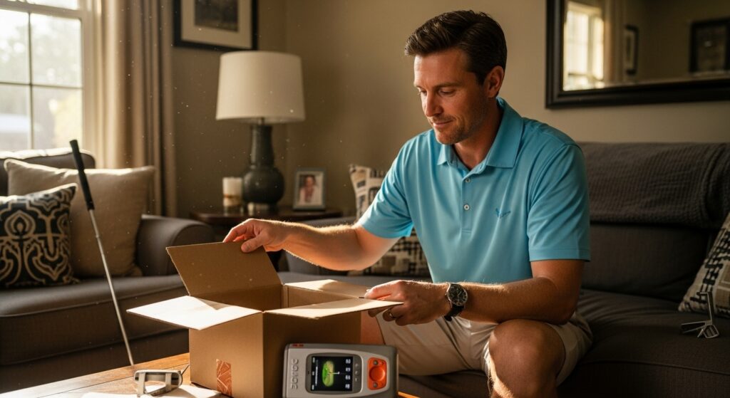 Man unboxing golf training gift on the living room floor.