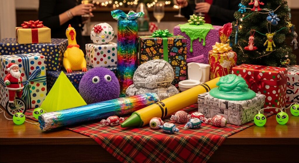 Wrapped gag and novelty gifts piled up on a table ready for a white elephant exchange.