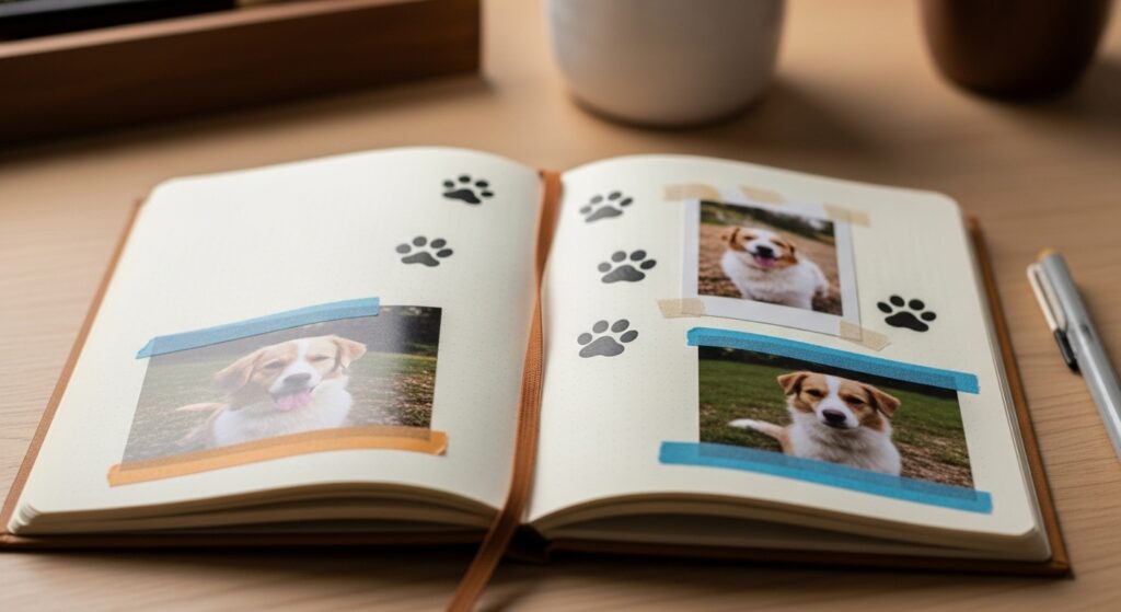 Pet memory book with photos, paw prints, and handwritten notes