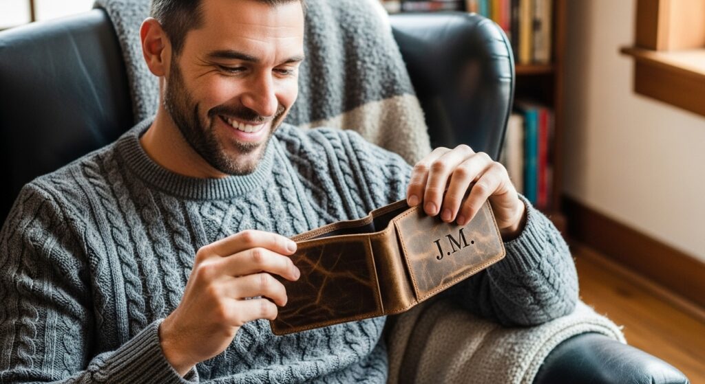 Dad smiling while opening a personalized gift
