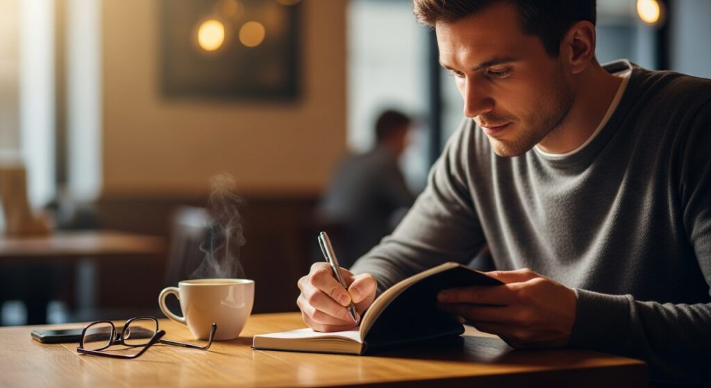 man writing a personal birthday note at a wooden desk with a coffee mug