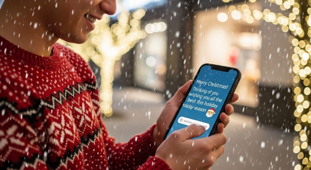  Male hand holding phone with Christmas wishes message on screen.