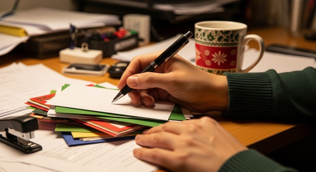 Person writing Christmas cards for friends with a coffee mug next to him.
