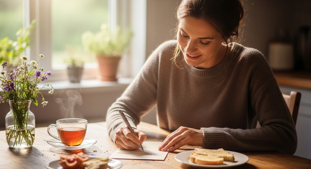 Mother writing heartfelt birthday wishes in a notebook for her daughter.