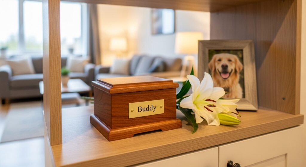 Pet urn with a photo frame beside it, keeping memories alive”