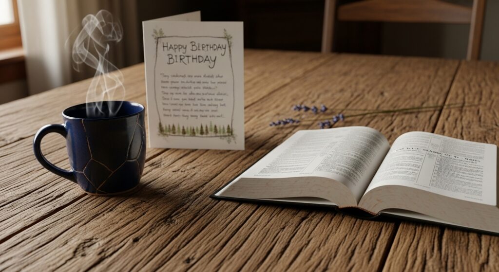Bible and birthday card on wooden table