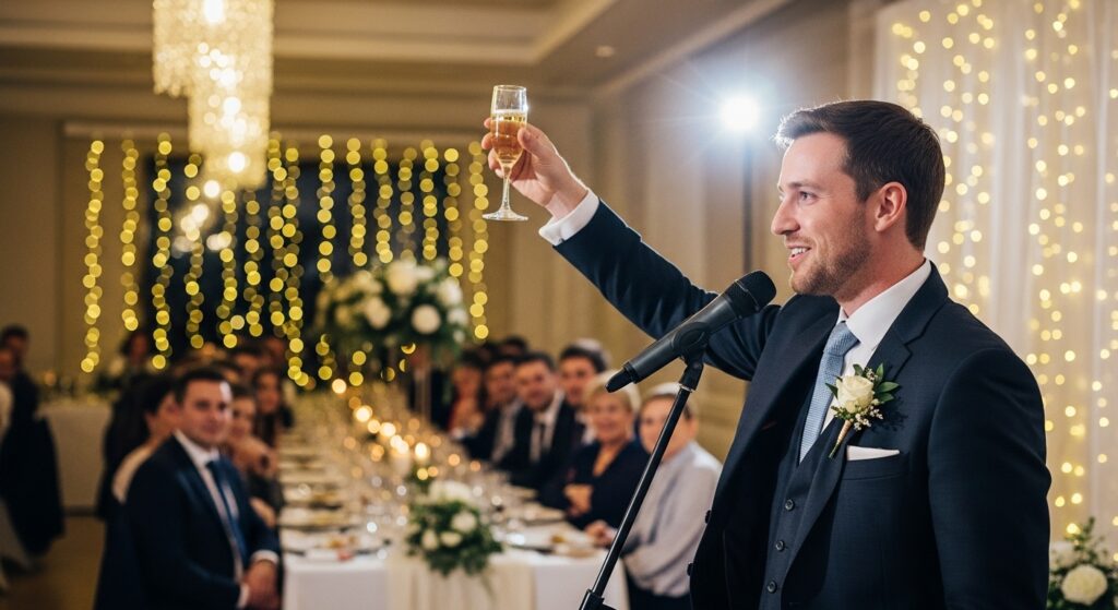 "A wedding toast with best wishes spoken to the couple."