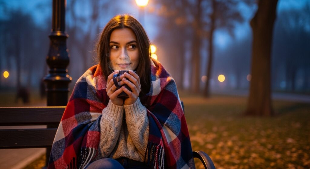 Image idea: A woman holding a warm mug and wrapped up in a blanket waiting outside for her date to arrive.
Alt tag: Girlfriend using a cozy blanket gifted by her partner.