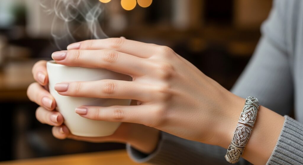 Image idea: A woman wearing an elegantly engraved bracelet in close-up while she holds a coffee cup.

Alt tag: Girlfriend wearing a personalized bracelet as a romantic gift.