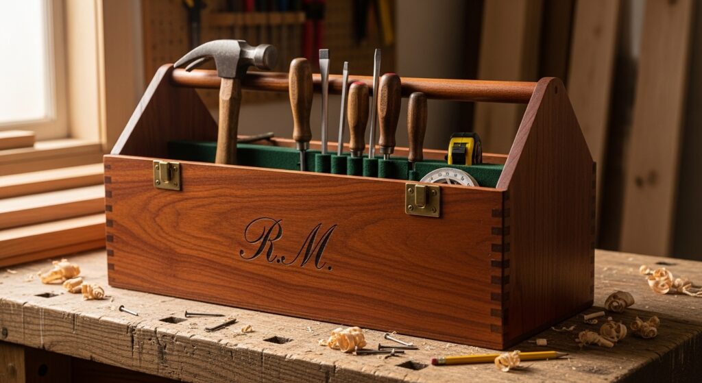 Engraved toolbox with initials for dad.")