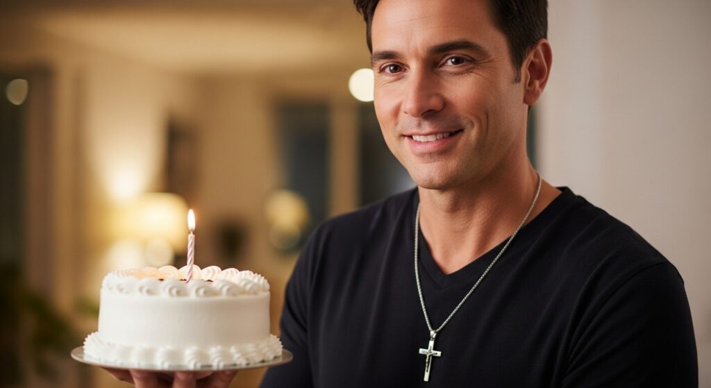 Birthday cake and cross necklace")