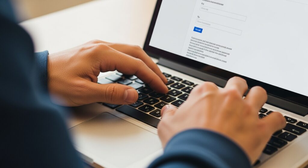 "Man writing a professional email ending with best wishes."
