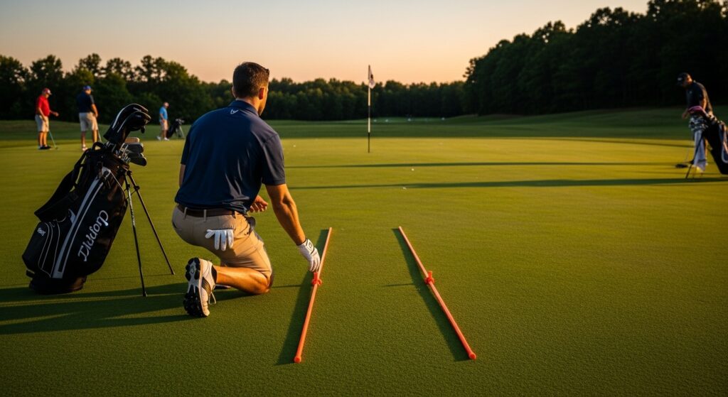 Man placing alignment sticks on a driving range.
