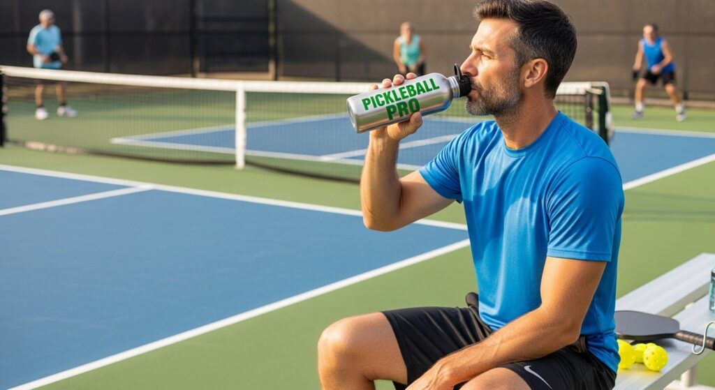 man using engraved pickleball water bottle during game break)