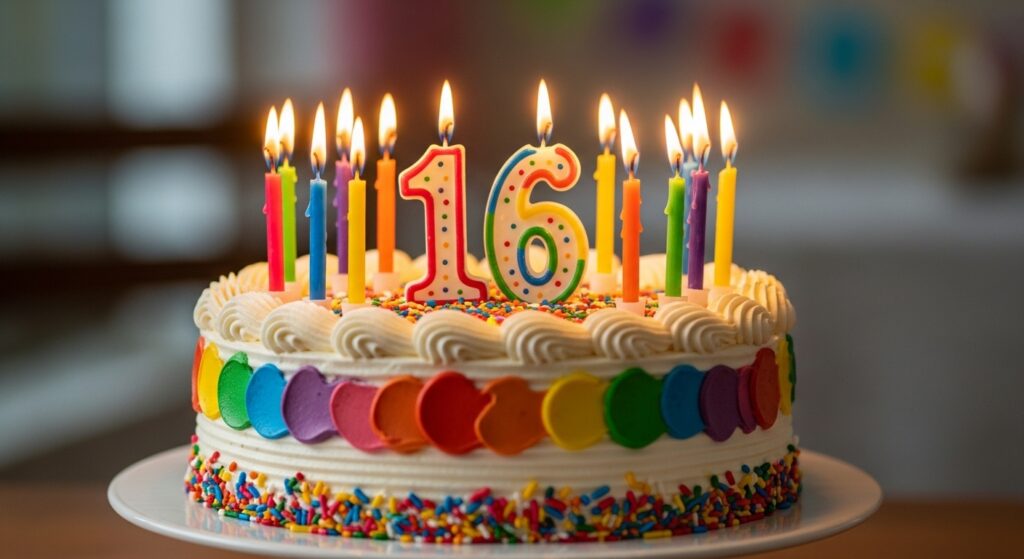 Birthday candles arranged in the shape of the number 16.
