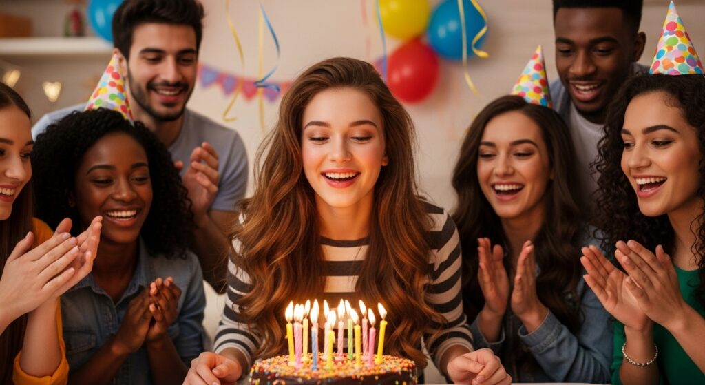 Teenage daughter blowing out birthday candles at a party.