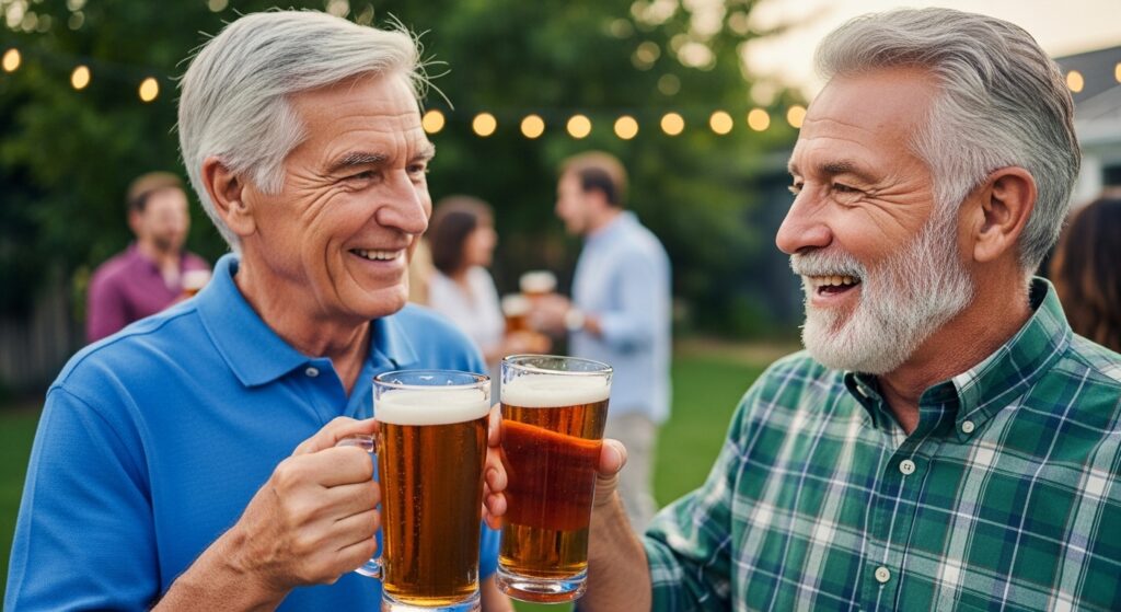 “Friends celebrating 60th birthday with drinks.”