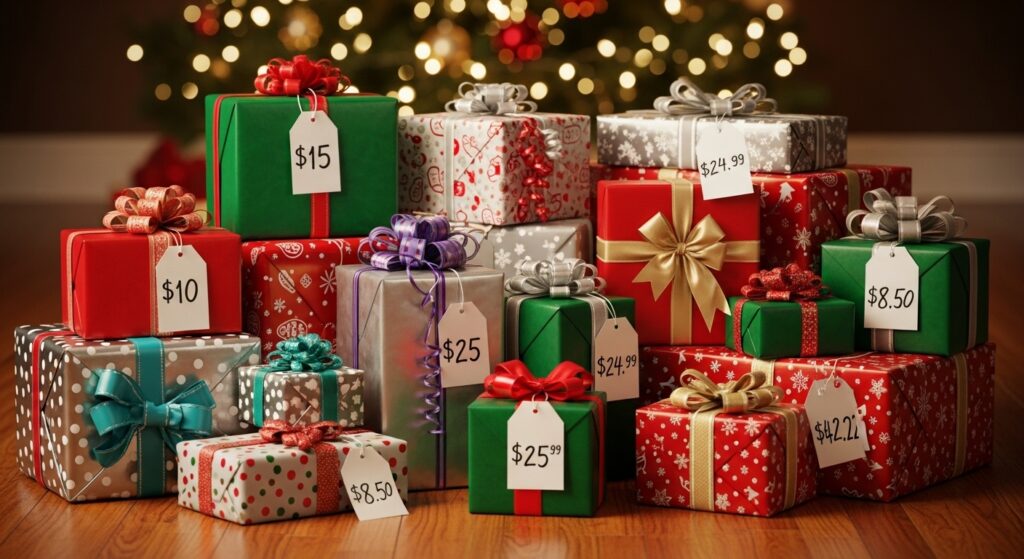 Budget wrapped gifts displayed for a holiday exchange.