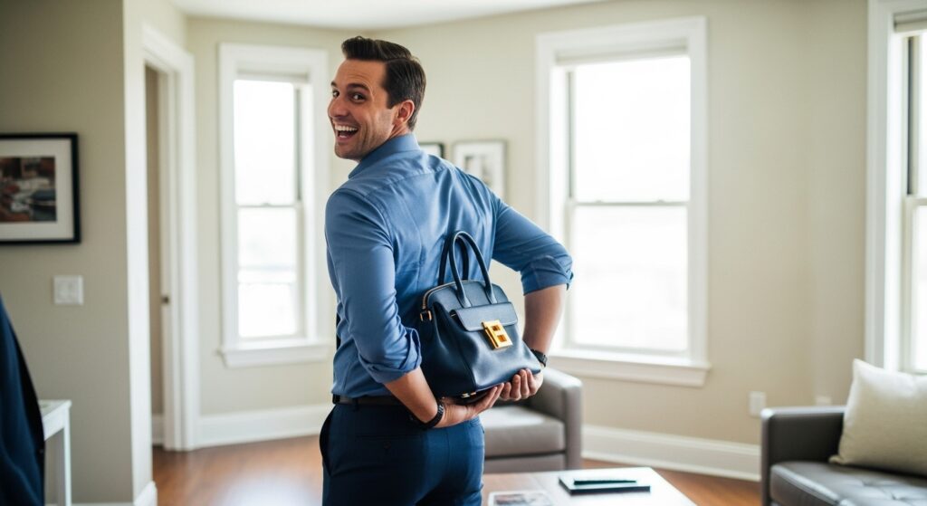 man preparing to gift a luxury handbag)