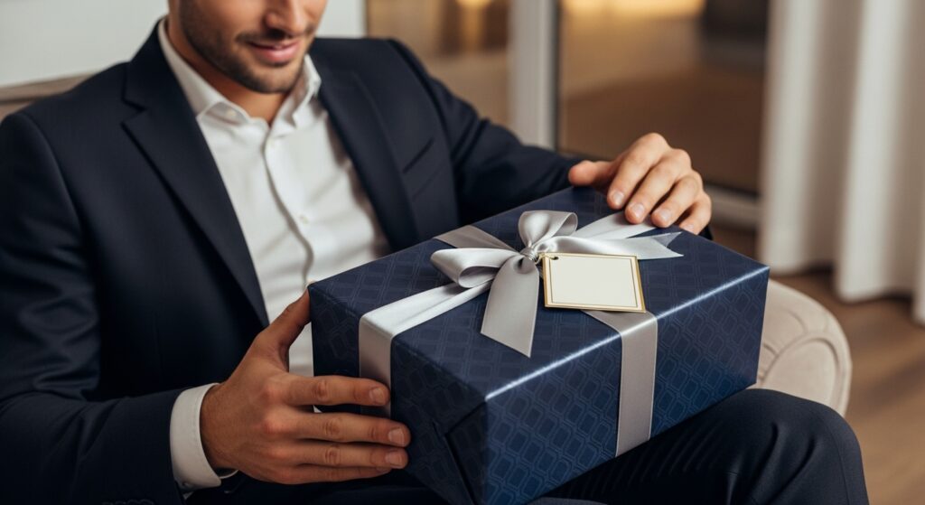 man presenting a luxury gift box tied with satin ribbon)