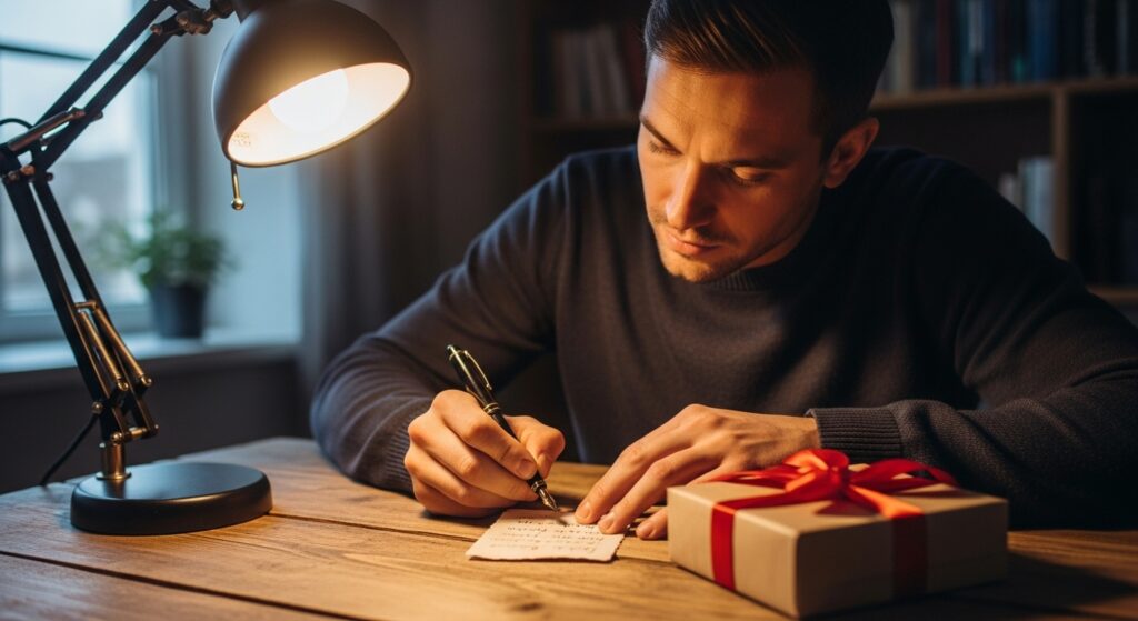 man adding a personal message to a luxury gift package)